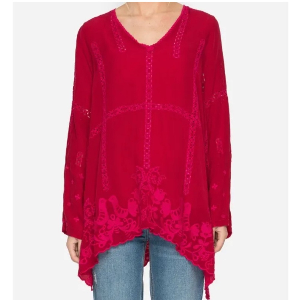 Johnny Was Cage Flare Long Sleeve Tunic Red birds petite medium embroidered boho